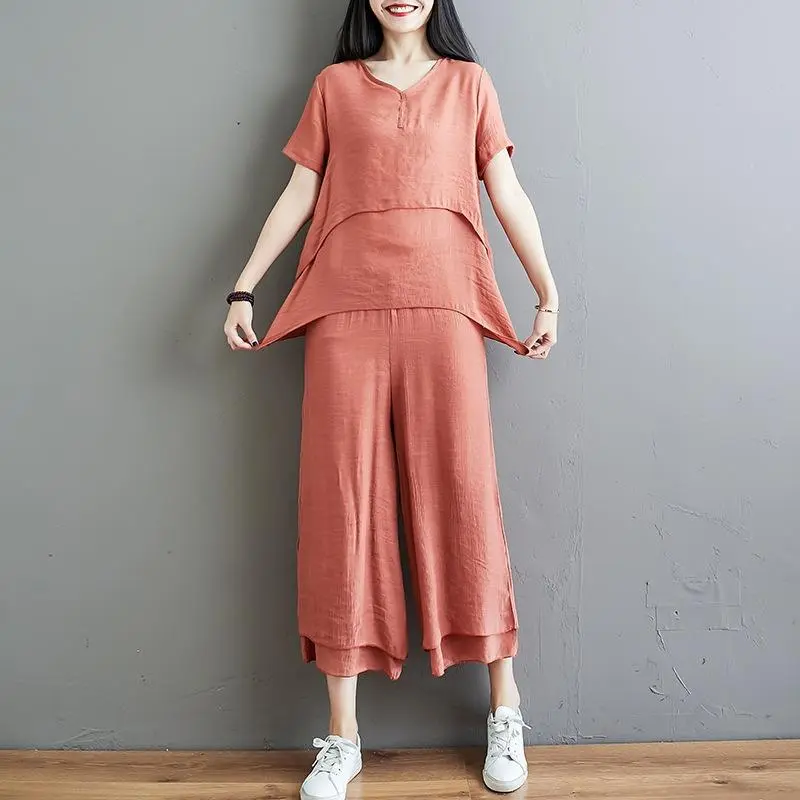 Women's Double-Layer Wide-Leg Pants Cotton And Linen Suit