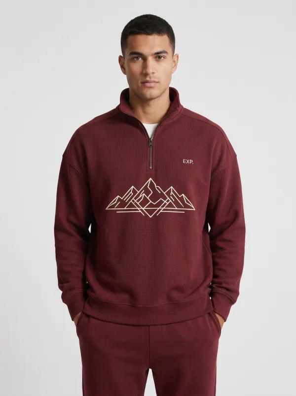 Men's Outdoor Mountain Line-Art Graphic Zip-Neck Sweatshirt