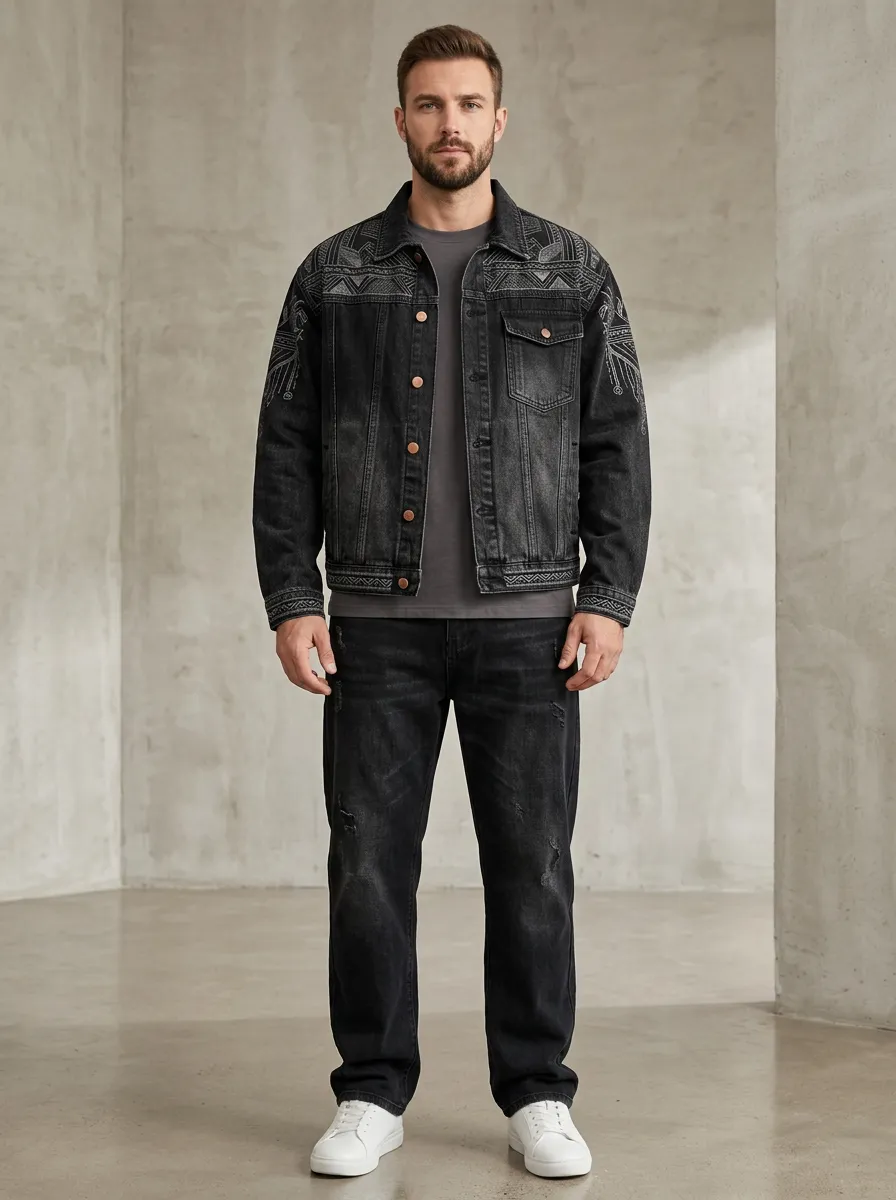 Men's Printed Tribal Denim Jacket