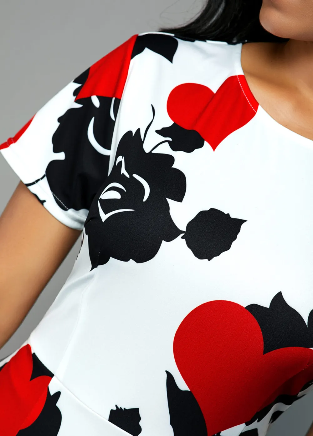 Short Sleeve Rose and Heart Print Dress