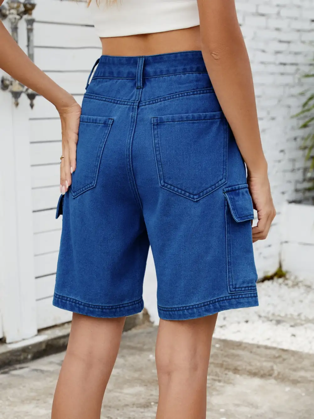 High Waist Denim Shorts with Cargo Pockets