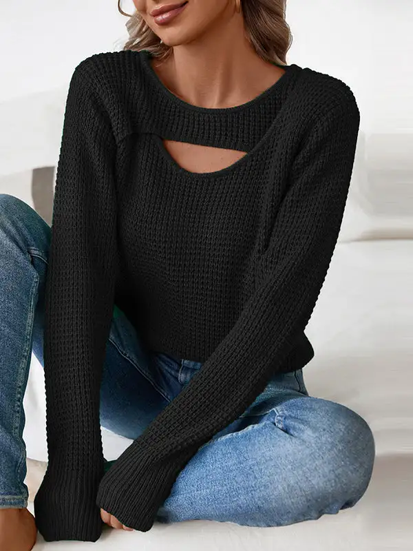 Openwork Paneled Round Neck Long Sleeve Relaxed Fit Pullover Sweater