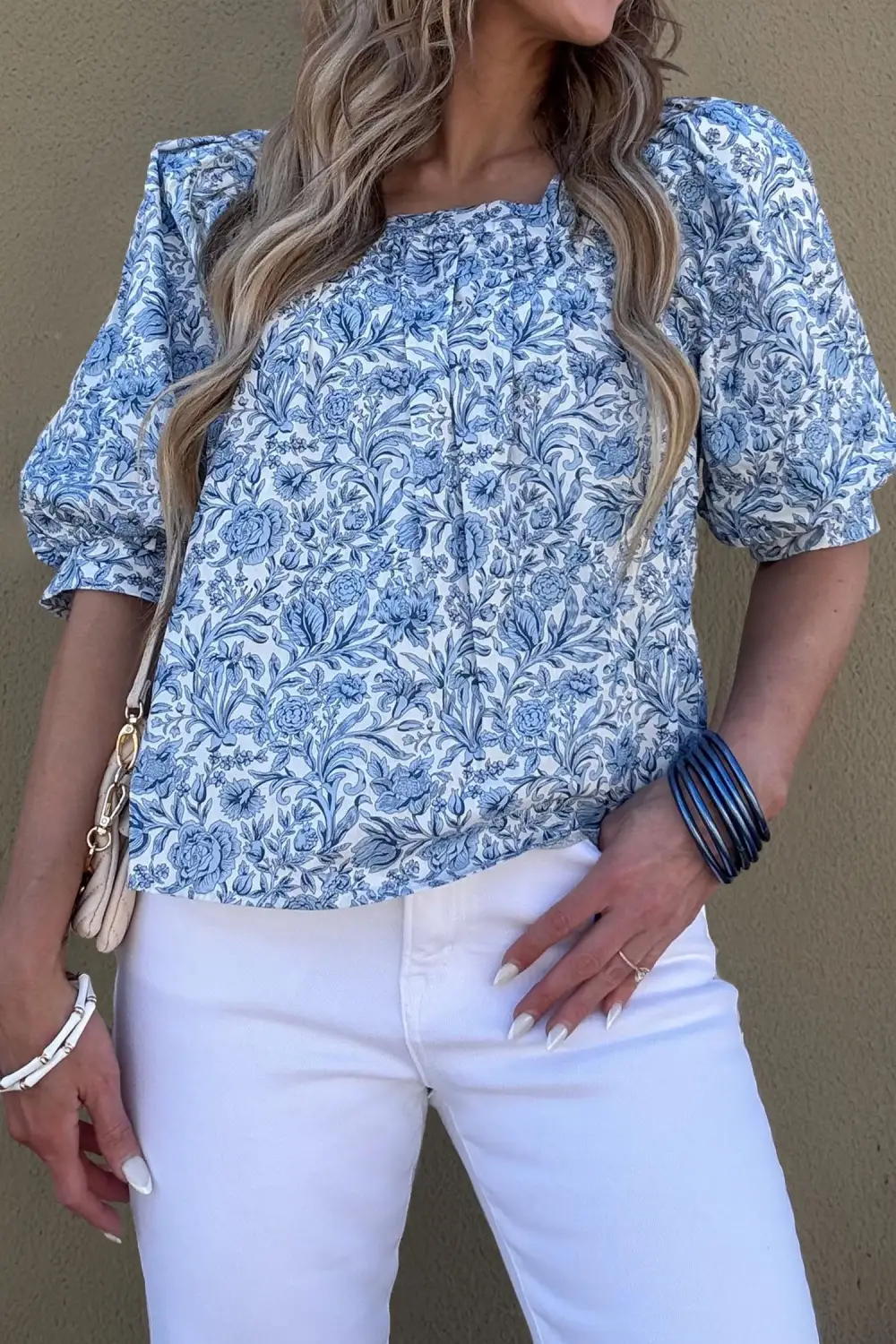 Floral Pleated Puff Sleeve Blouse