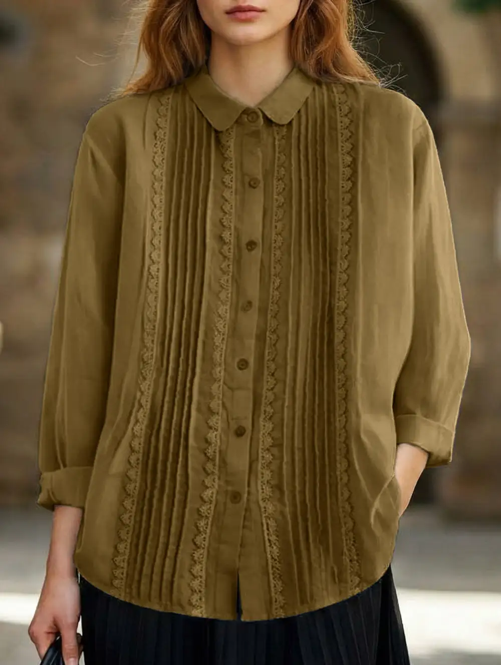 Literary Style Loose Lace Trimmed Shirt