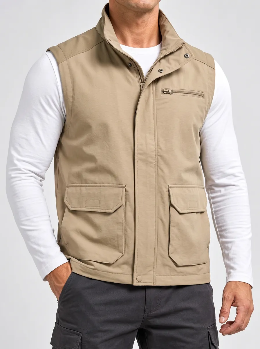 Men's Sleeveless Cargo-Style Outdoor-Inspired Multi-Pocket Layering Jacket