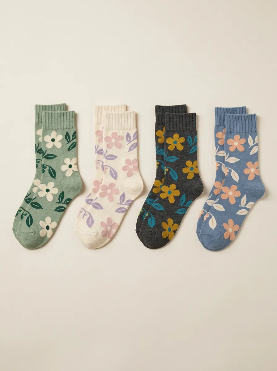 Women's Floral Leaf Ribbed Mid Calf Crew Socks Four Pair Set