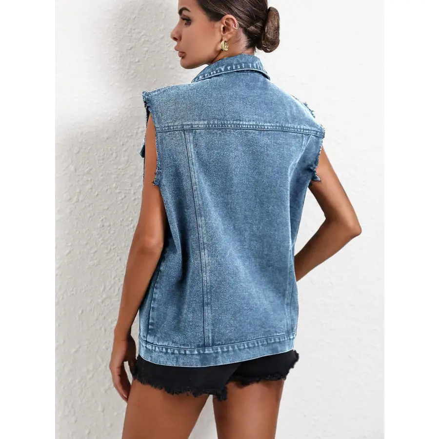 Pocketed Collared Neck Sleeveless Denim Top