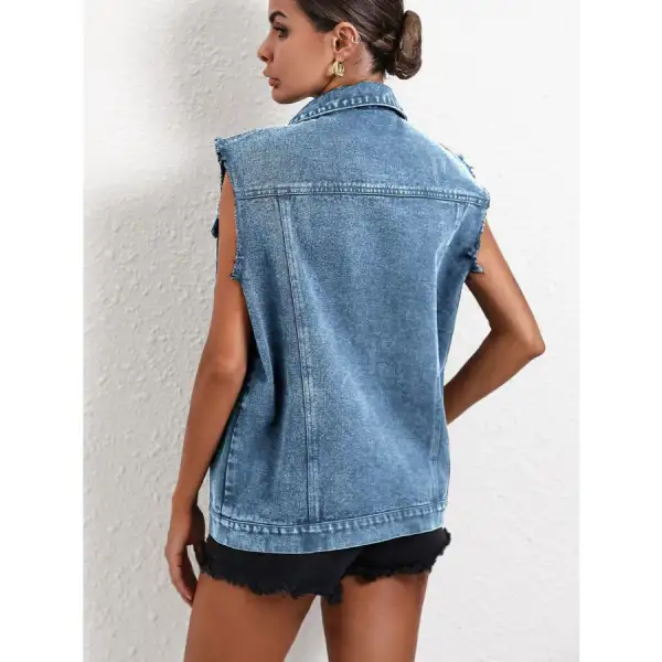Pocketed Collared Neck Sleeveless Denim Top