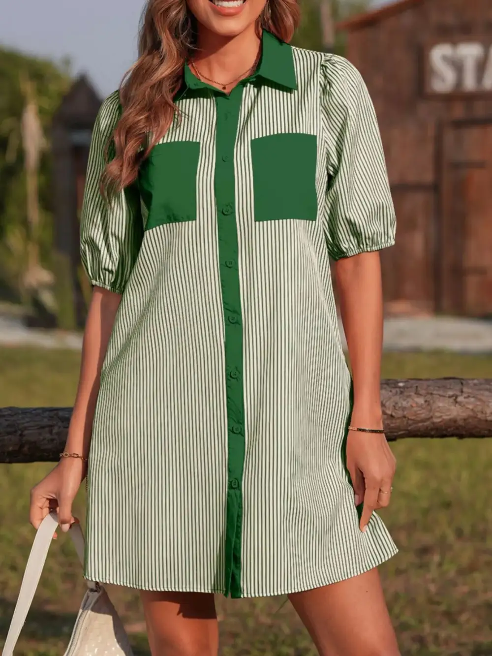 Structured Shape Striped Patchwork Button Front Mini Dress
