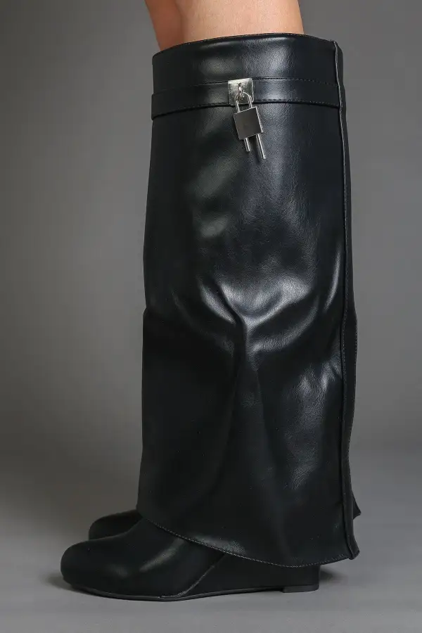 Western Fold-Over Padlock Detail Wedge Knee High Boots