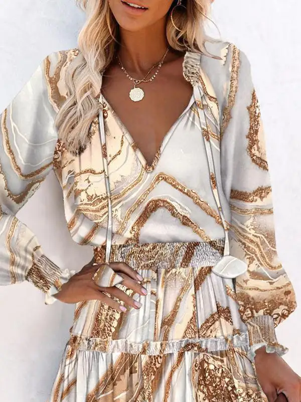 A Line Long Sleeve Contrast Color Pleated Split Joint Tied V
