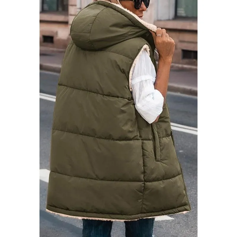 Women's military green double-faced fleece vest with pockets and a hood, long zip-up coat