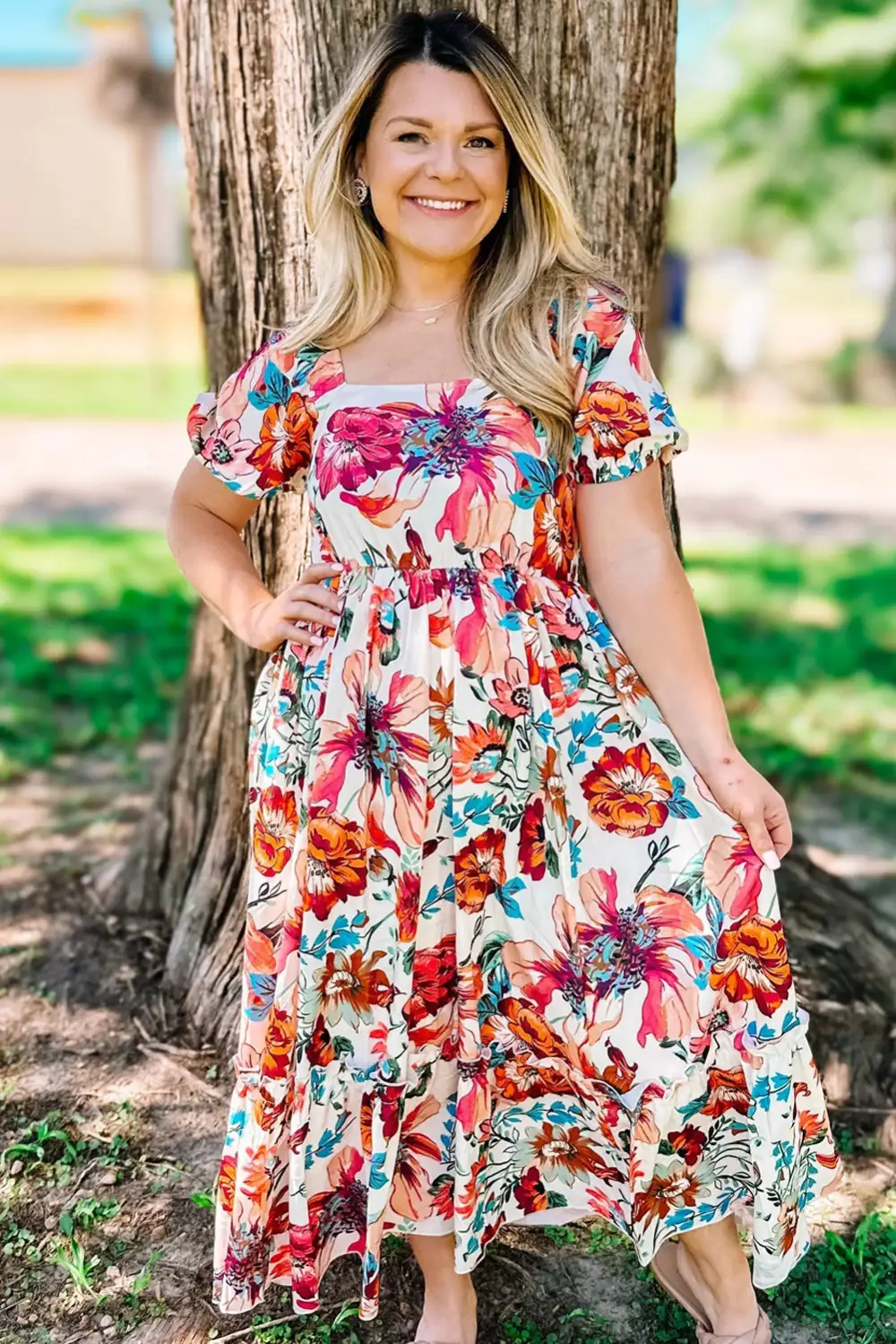 Floral Square Neck Puff Sleeve Midi Dress