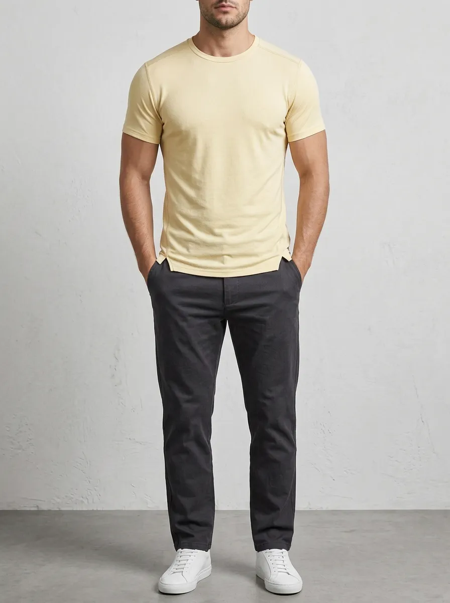 Casual Ribbed Curved Hem Crew Neck Profile Men's Slim Fit Short Sleeve T-Shirt