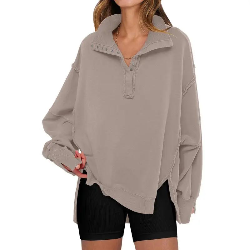 Women's Sweatshirts Oversized Casual Loose Button Up Henley Pullover Top High Low Split Fall Fashion Outfits