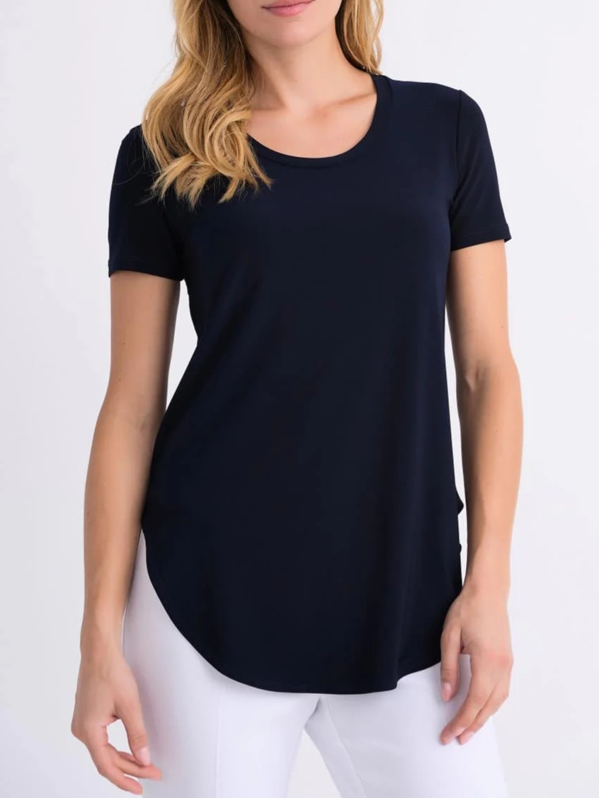 Navy Blue Curved - Hem Short - Sleeve Top