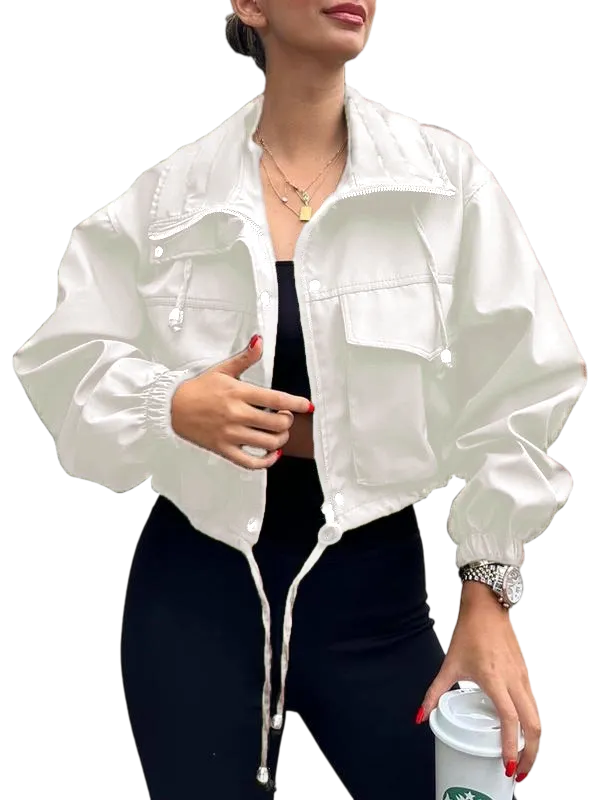 Women's Solid Zip Up Drawstring Hem Jacket, Casual Long Sleeve Collared Outerwear