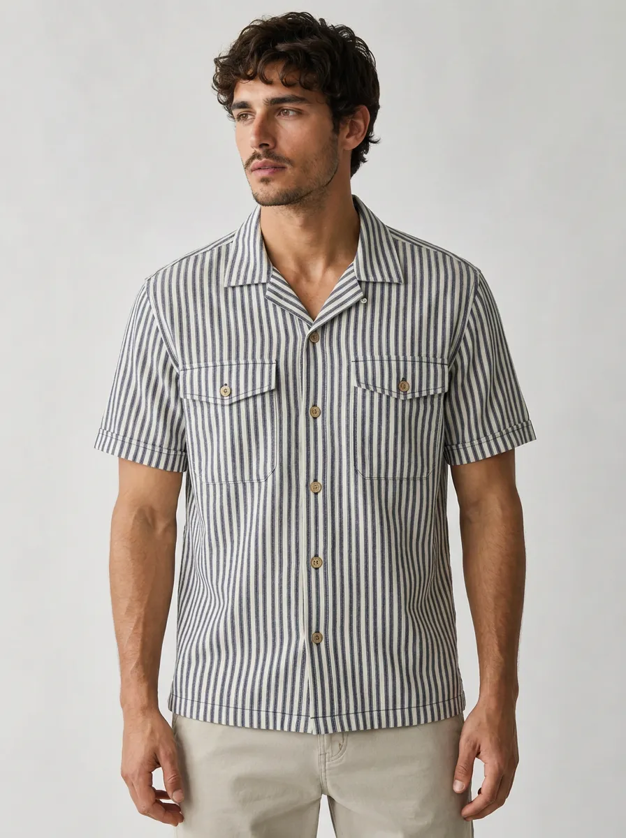 Men's Navy and White Striped Camp Collar Short Sleeve Shirt