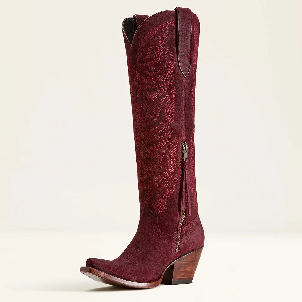 Faux-Suede Embroidered Side-Zip Zip-Up Knee-High Boots