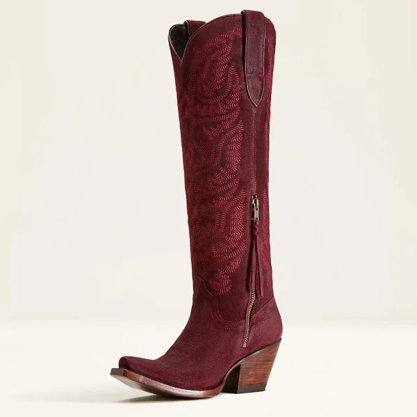 Faux-Suede Embroidered Side-Zip Zip-Up Knee-High Boots