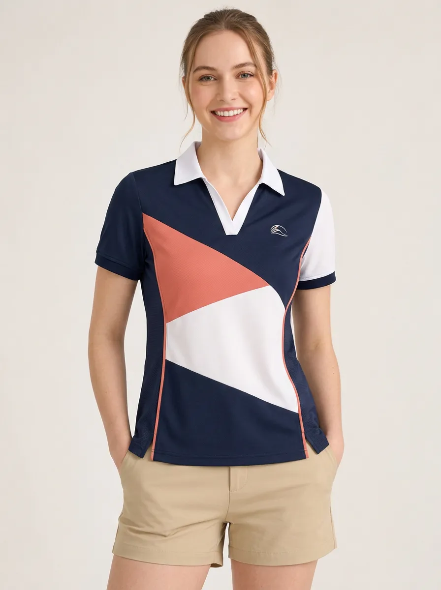 Women's Navy Color-Block V-Neck Polo Shirt