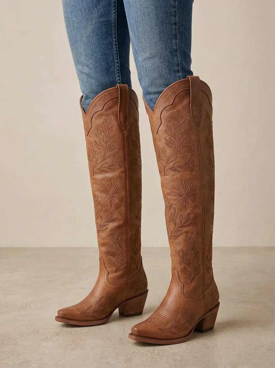 Women's Floral Embroidered Pointed-Toe Block-Heel Stacked-Heel Western Denim Over-the-Knee Boots