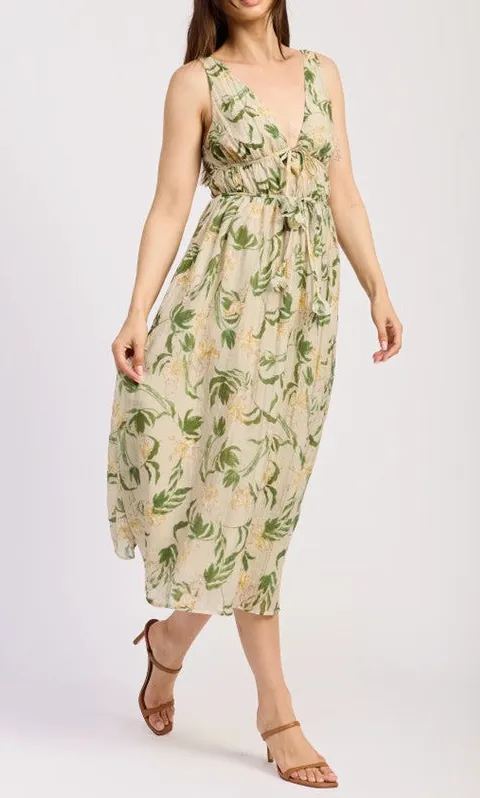 Green Palm Print Flowy Maxi Dress