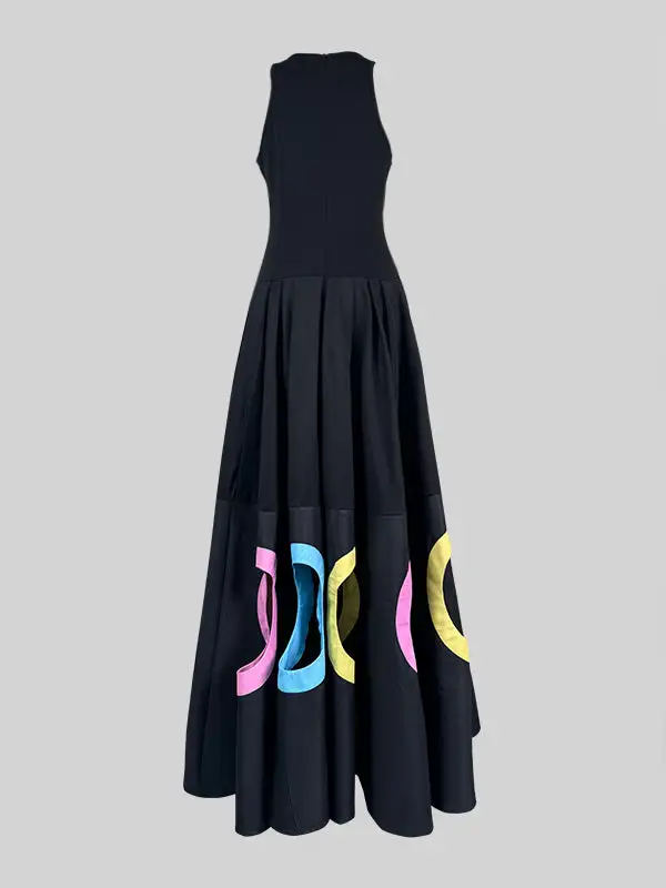 Hollow Pleated Sleeveless Neck Maxi Dress