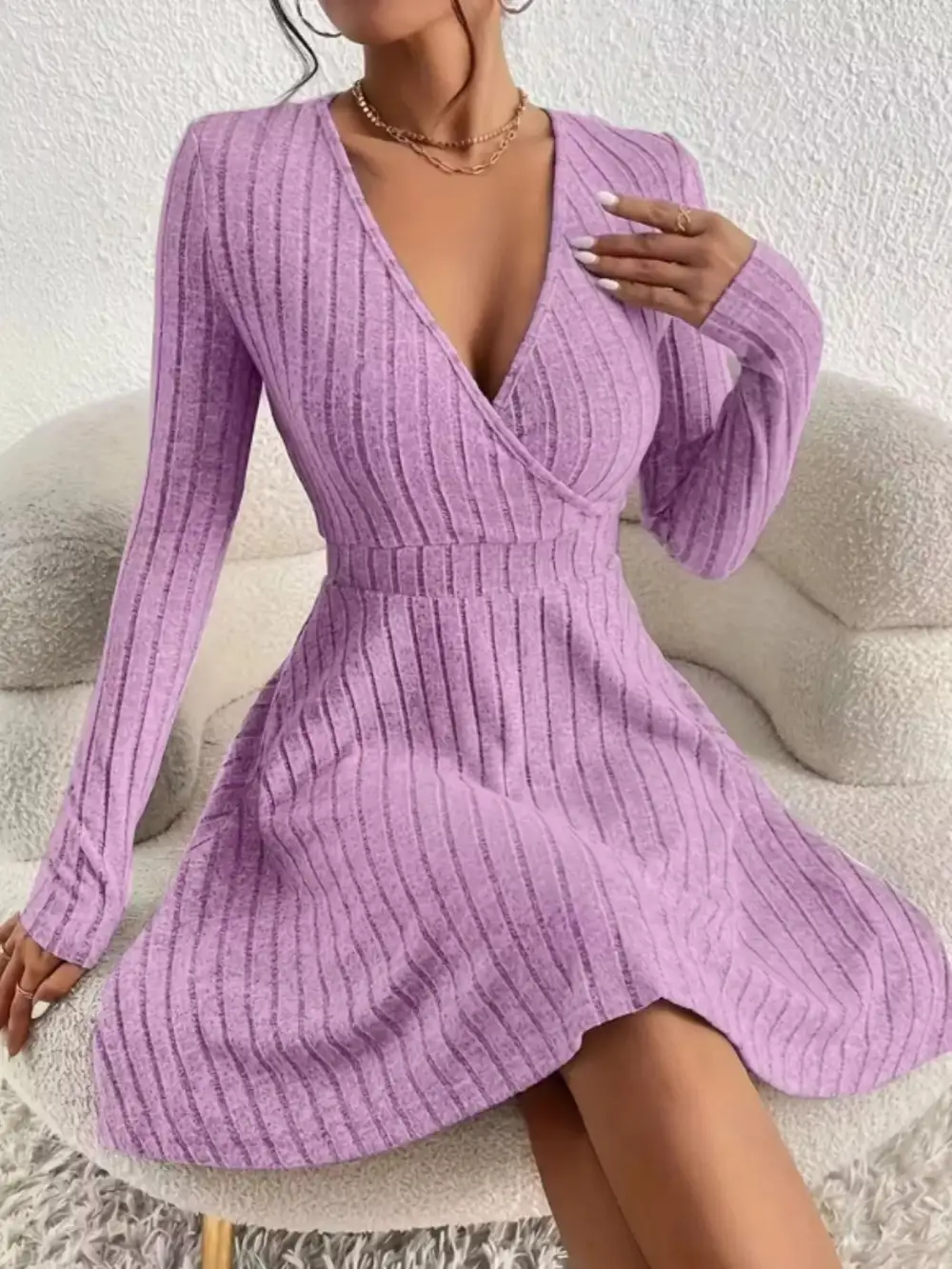 Ribbed Knit Wrap Mini Dress
