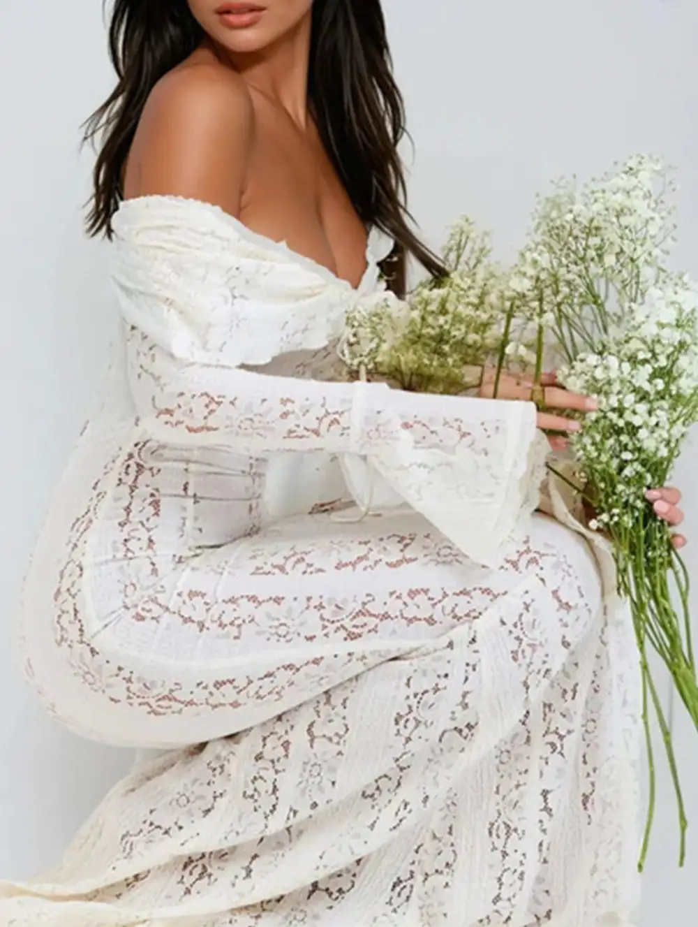 Lace Off Shoulder Bell Sleeve Evening Dress
