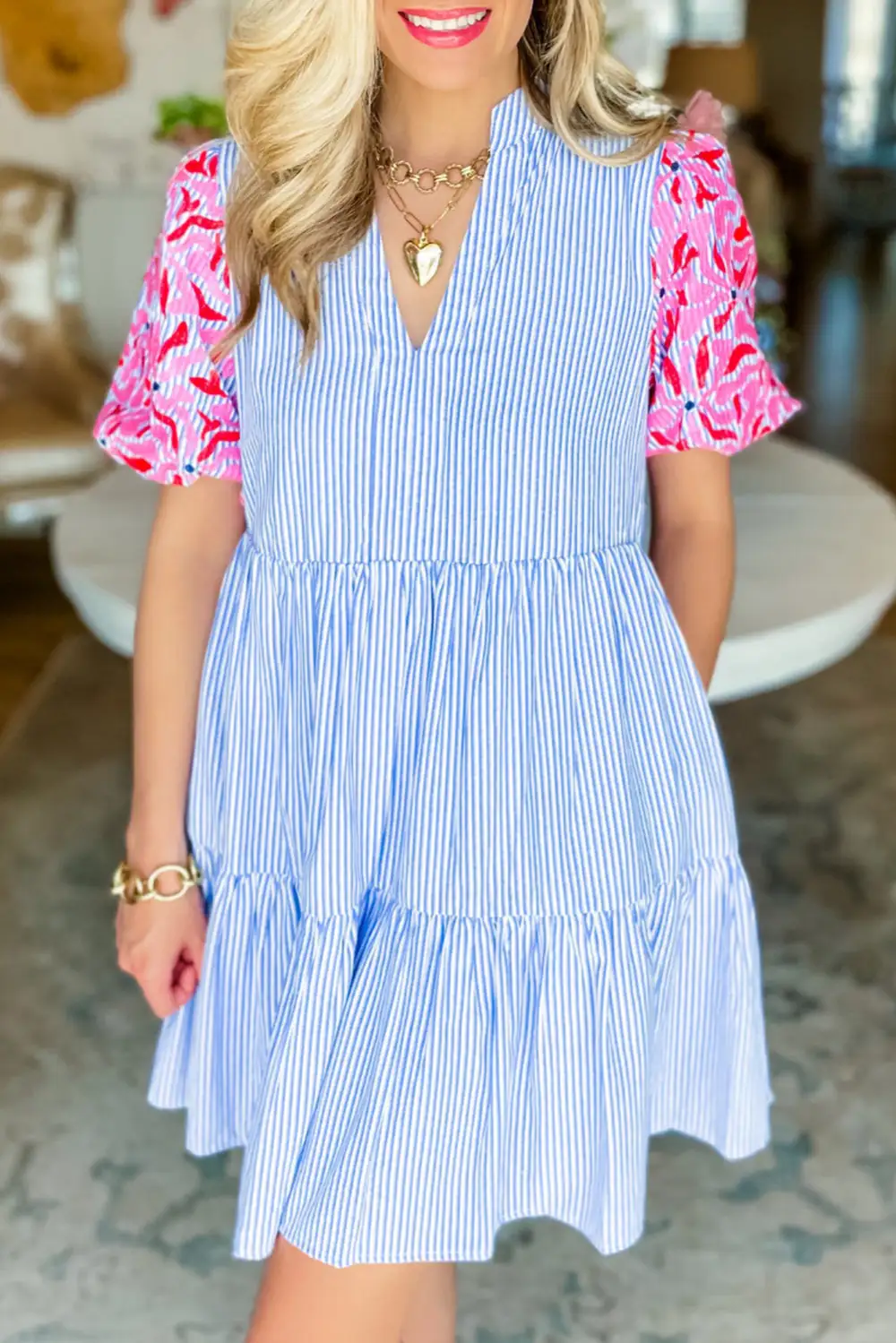 Floral Striped Ruffle Trim Mini Dress