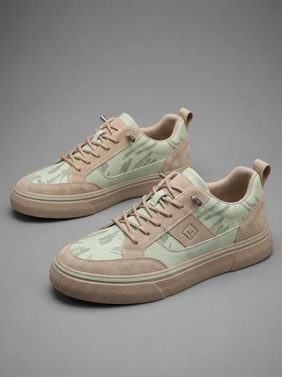 Men's Sage Green Abstract Brushstroke Printed Casual Sneakers