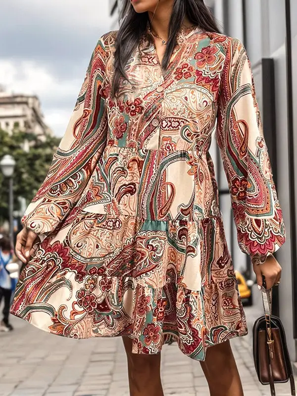 Long Sleeve Relaxed Buttoned Flower Print Split Joint V Neck Mini