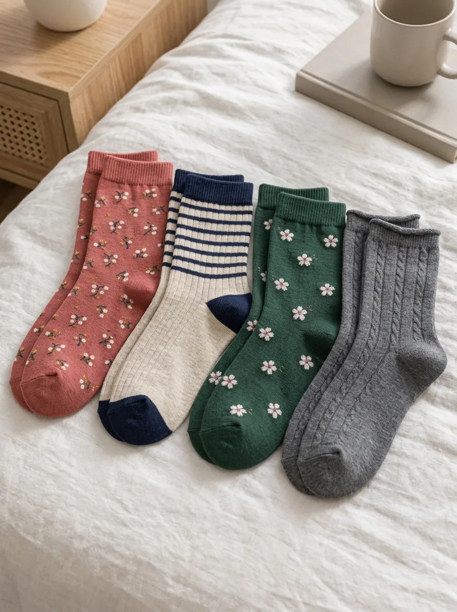 Women's Floral Striped Cable Knit Printed Socks 4-Pack