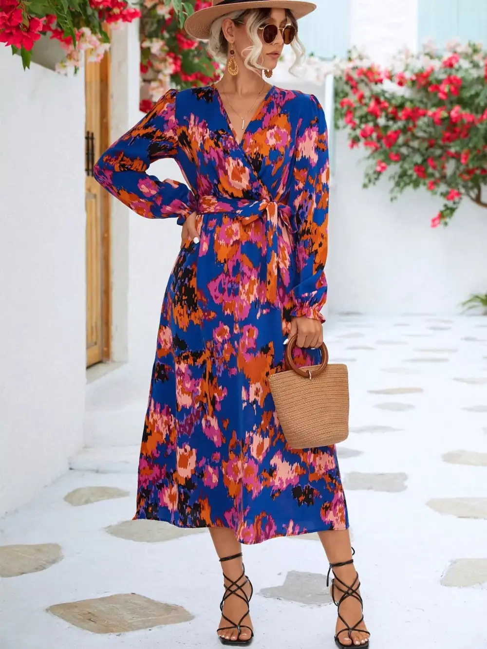 Lightweight Feel Printed Long Sleeve Midi Dress