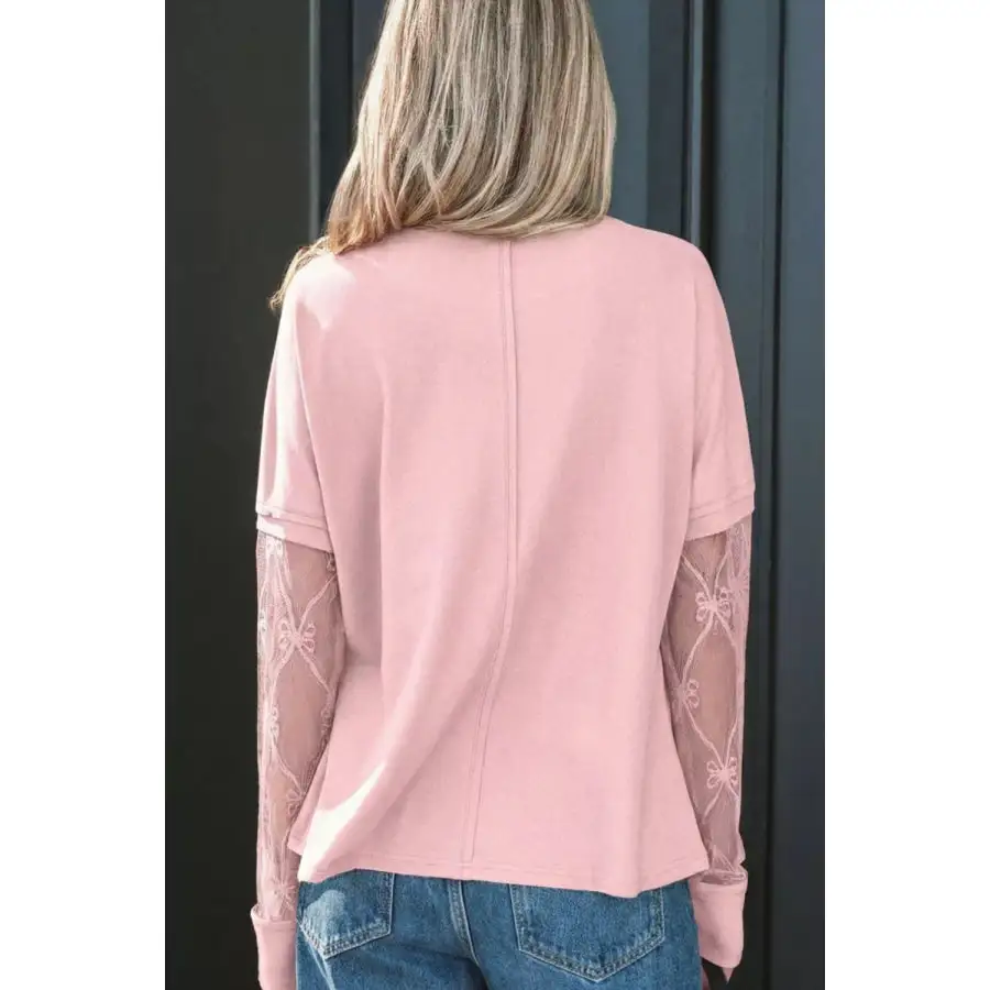 Relaxed Bow Textured Patchwork Long Sleeve Tee