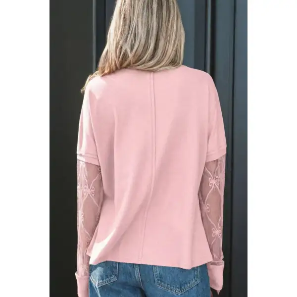 Relaxed Bow Textured Patchwork Long Sleeve Tee
