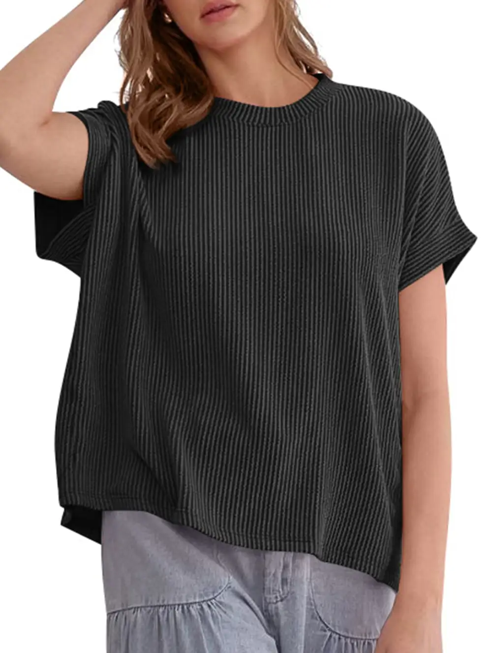 Ribbed Knit Crew Neck Tee