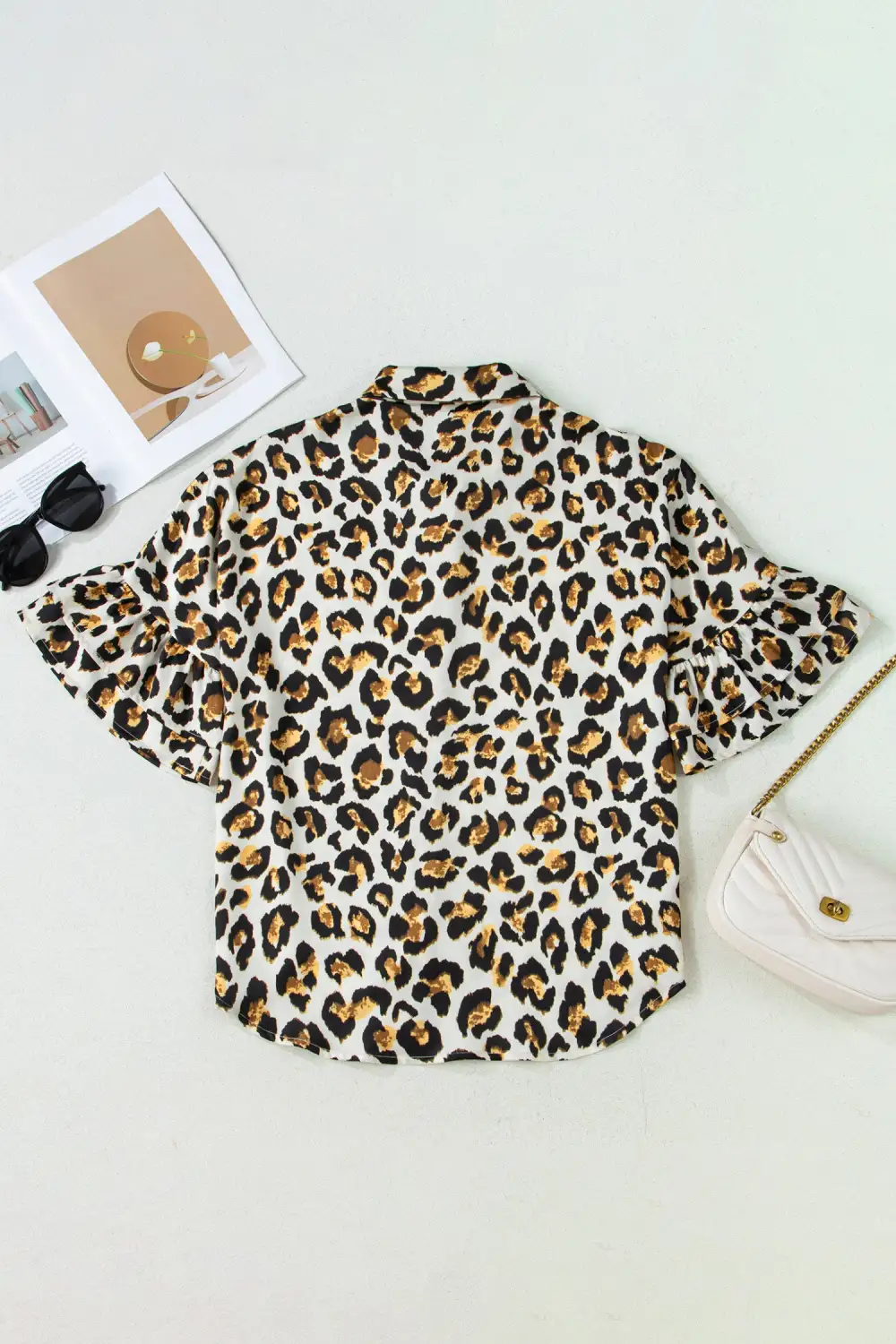 Khaki Leopard Print Ruffle Trim 3/4 Sleeve Loose Shirt