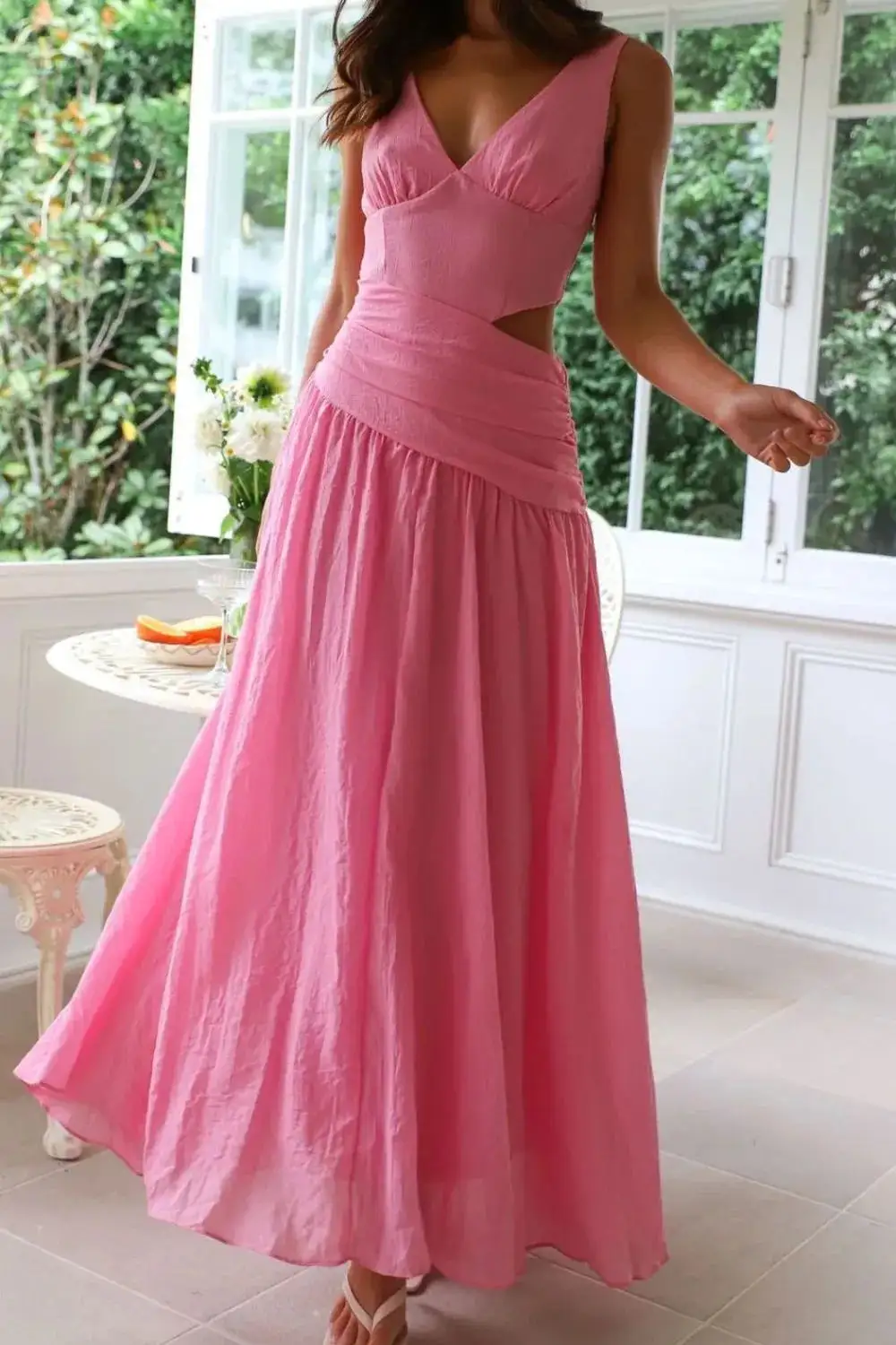Ruched V-Neck Cotton Casual Dress