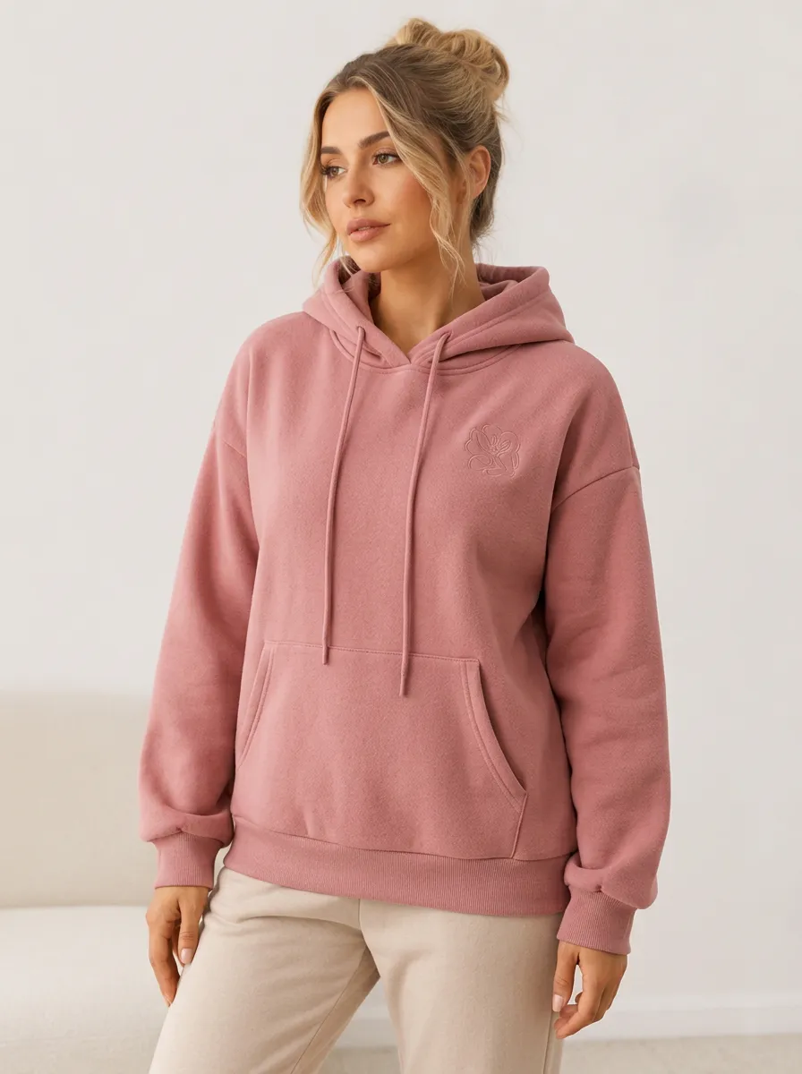 Women's Minimalist Floral Embroidered Dusty Pink Hoodie