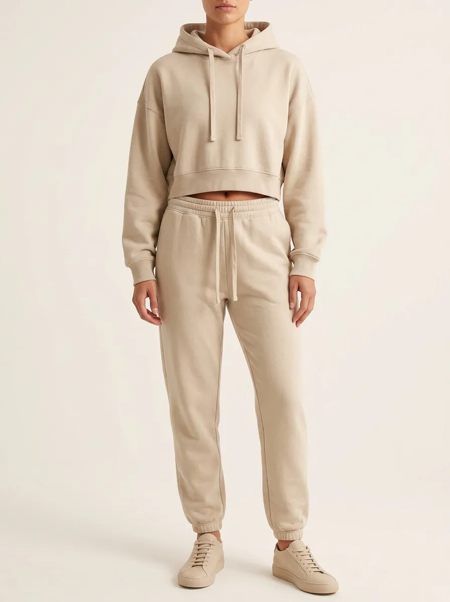 Women's Dropped-Shoulder Drawstring Cropped Hoodie Cuffed Jogger Set