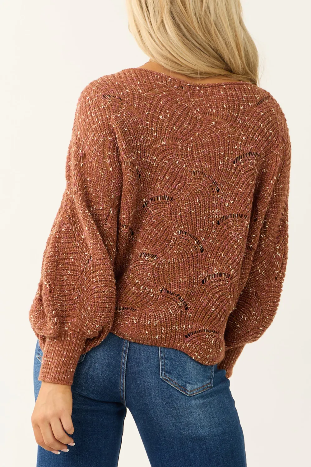 Terracotta Pointelle Long Balloon Sleeve Sweater
