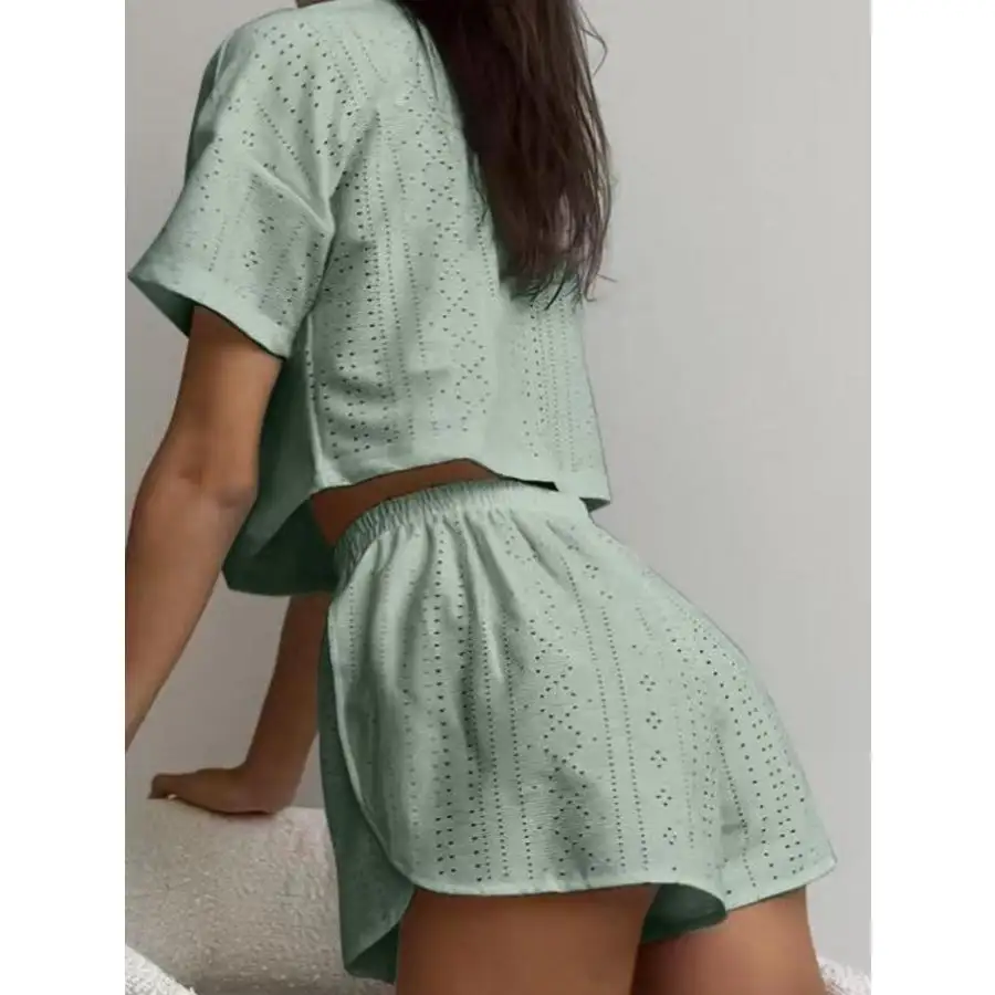 Eyelet Round Neck Top and Shorts Set