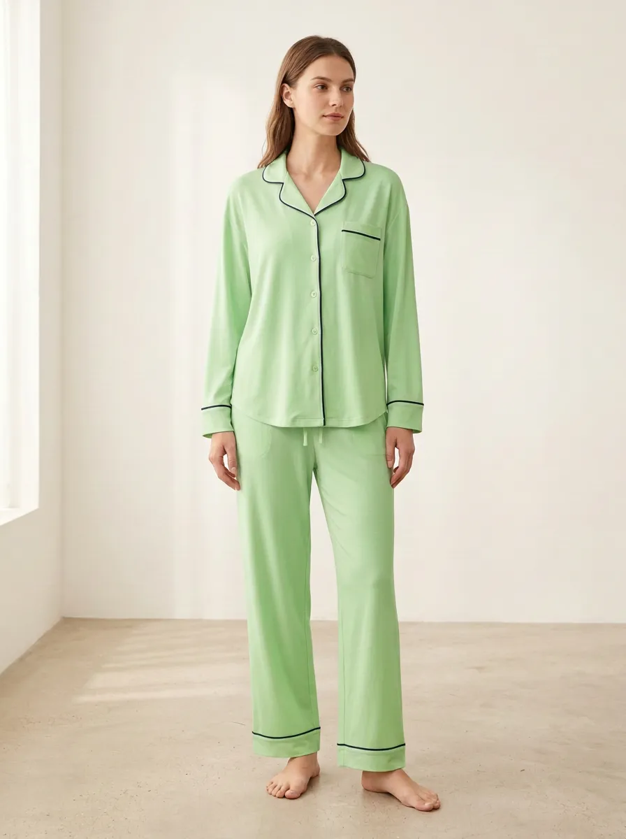 Women's Notched-Lapel Chest-Pocket Drawstring Pajama Set