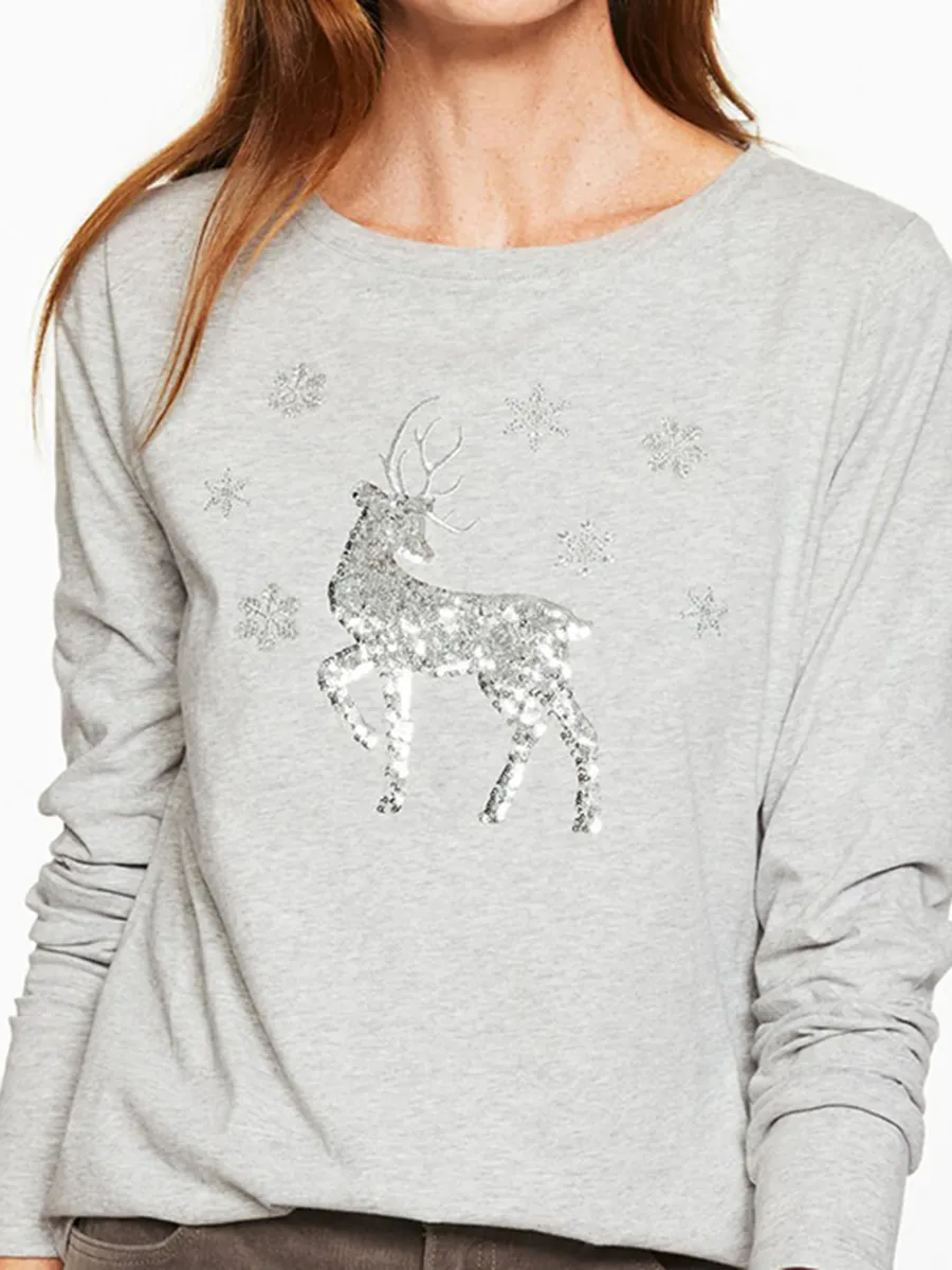 Women'S Sequined Reindeer Pattern Crew Neck Long-Sleeved T-Shirt