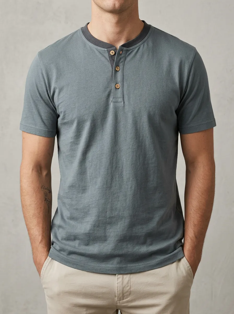 Button-Placket Ribbed Men's Short-Sleeve Henley Shirt