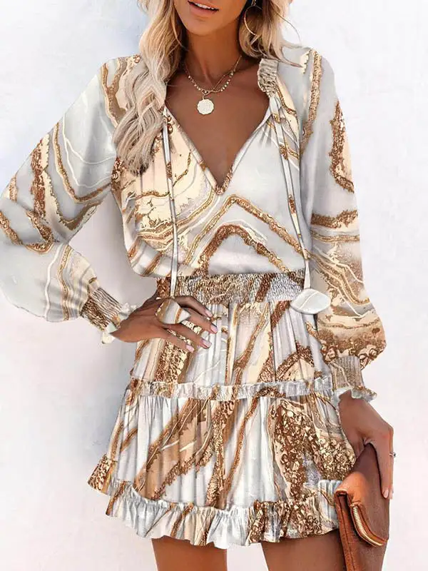 A Line Long Sleeve Contrast Color Pleated Split Joint Tied V
