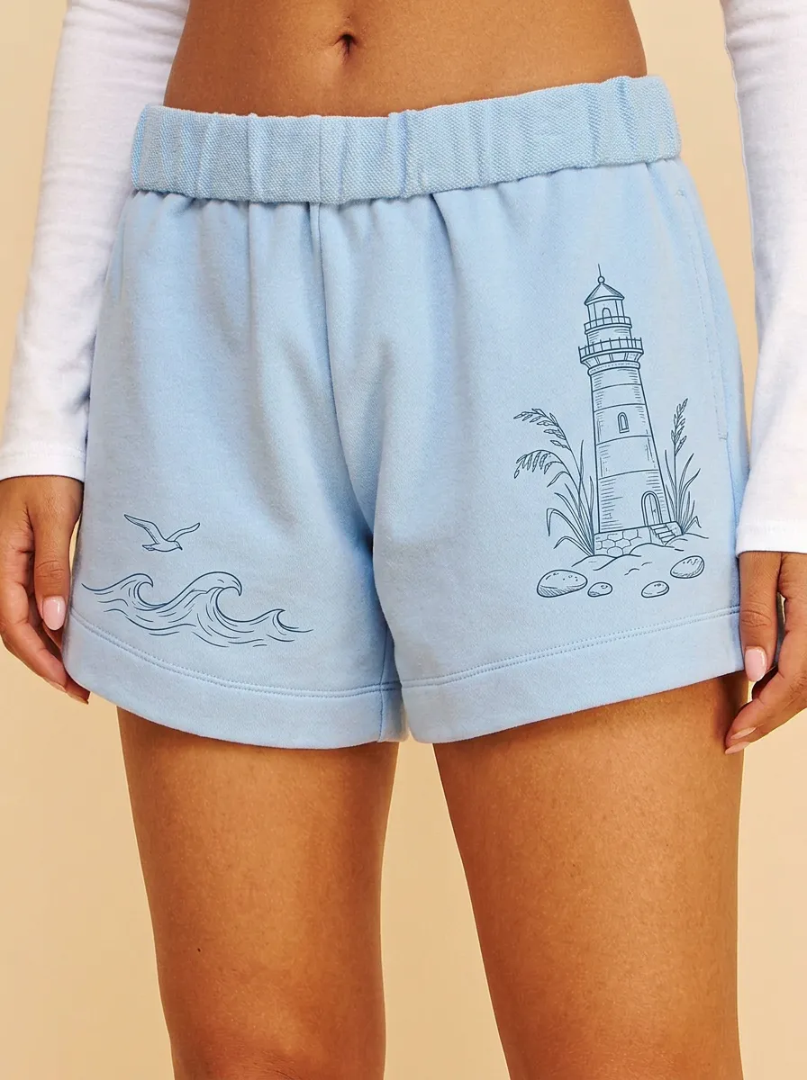 Women's Coastal Nautical Lighthouse Ocean Wave Printed Shorts