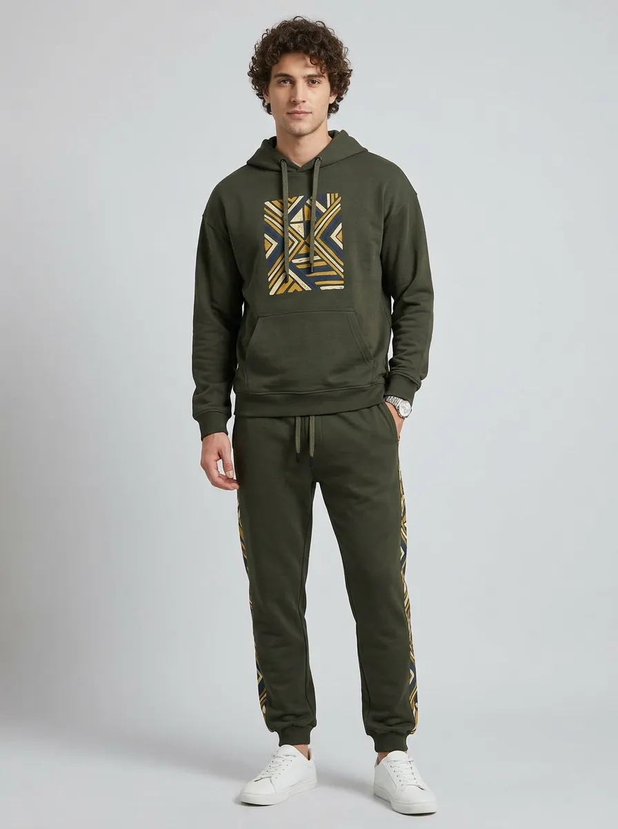 Men's Geometric Pattern Olive Green Printed Tracksuit